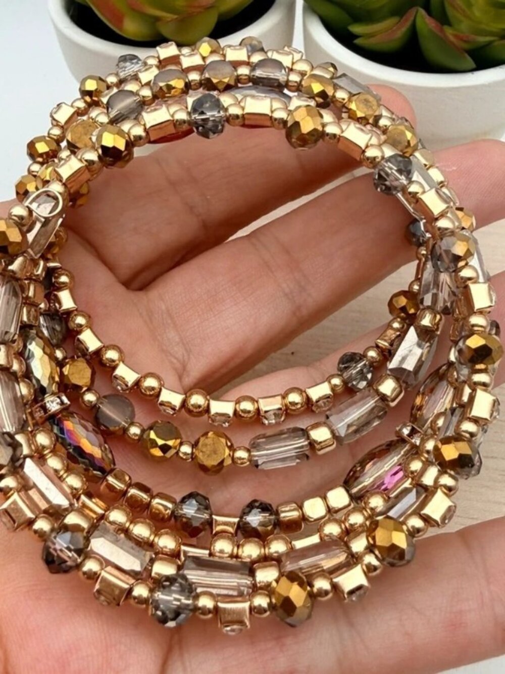 Gold Tone Crystal Rhinestone Memory Wire Coil Wrap Bracelet Glam - Picture 3 of 6